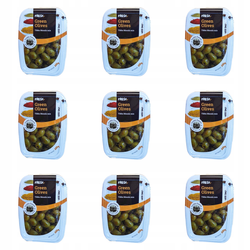 Levně 9 x 200 g Lyrakis Family Zelené olivy drilované tikka masala Karton