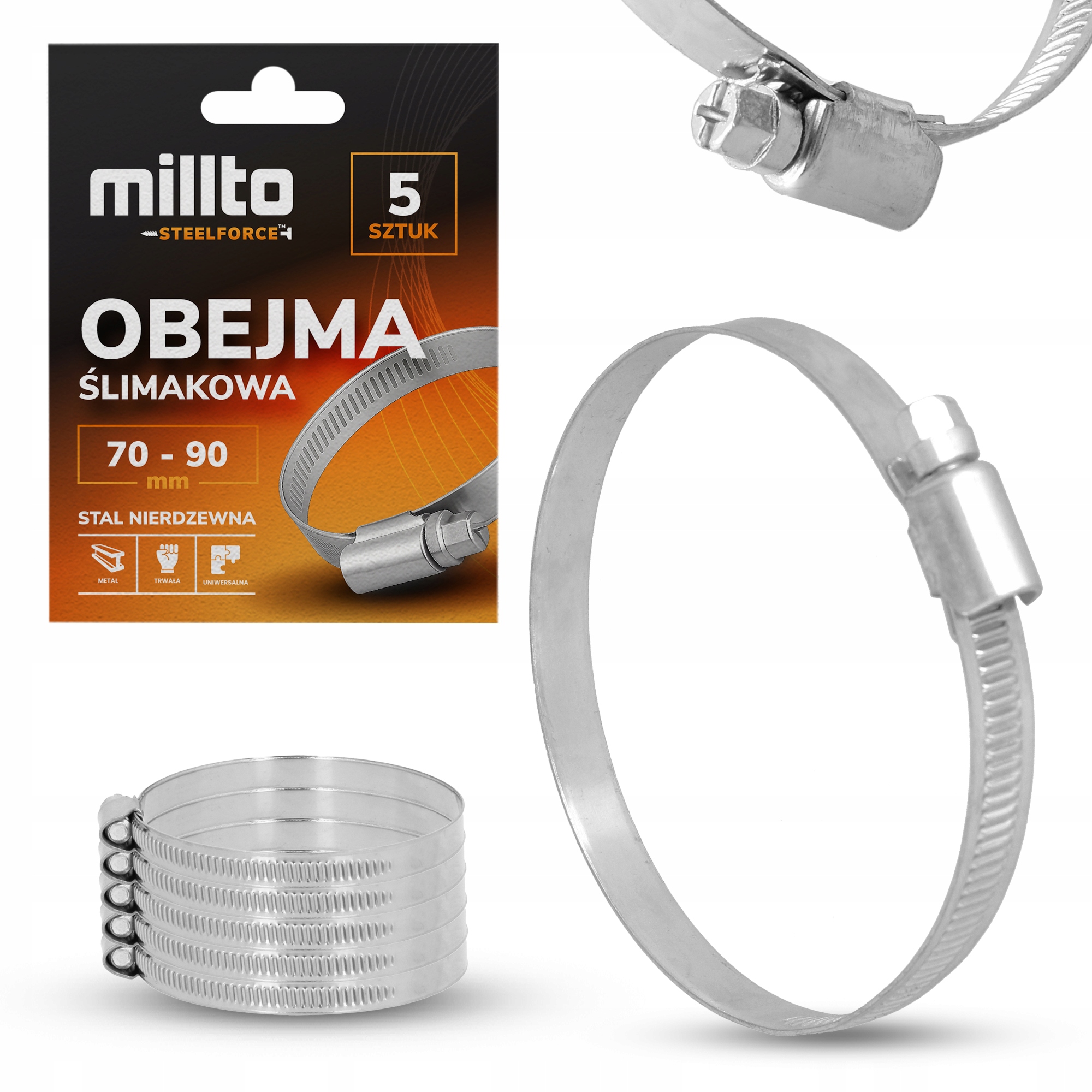 5x Opaska Zaciskowa Metalowa 70-90 Cybant Obejma Ślimakowa Skręcana St Nq-m