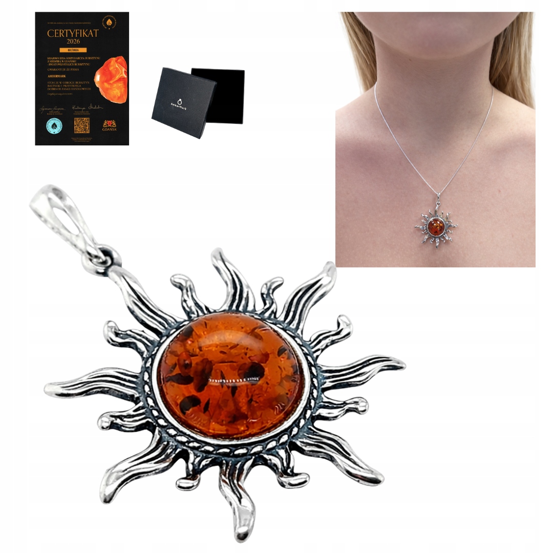 Přívěsek slunce stříbro 925 s jantarem, přívěsek stříbro oxidované