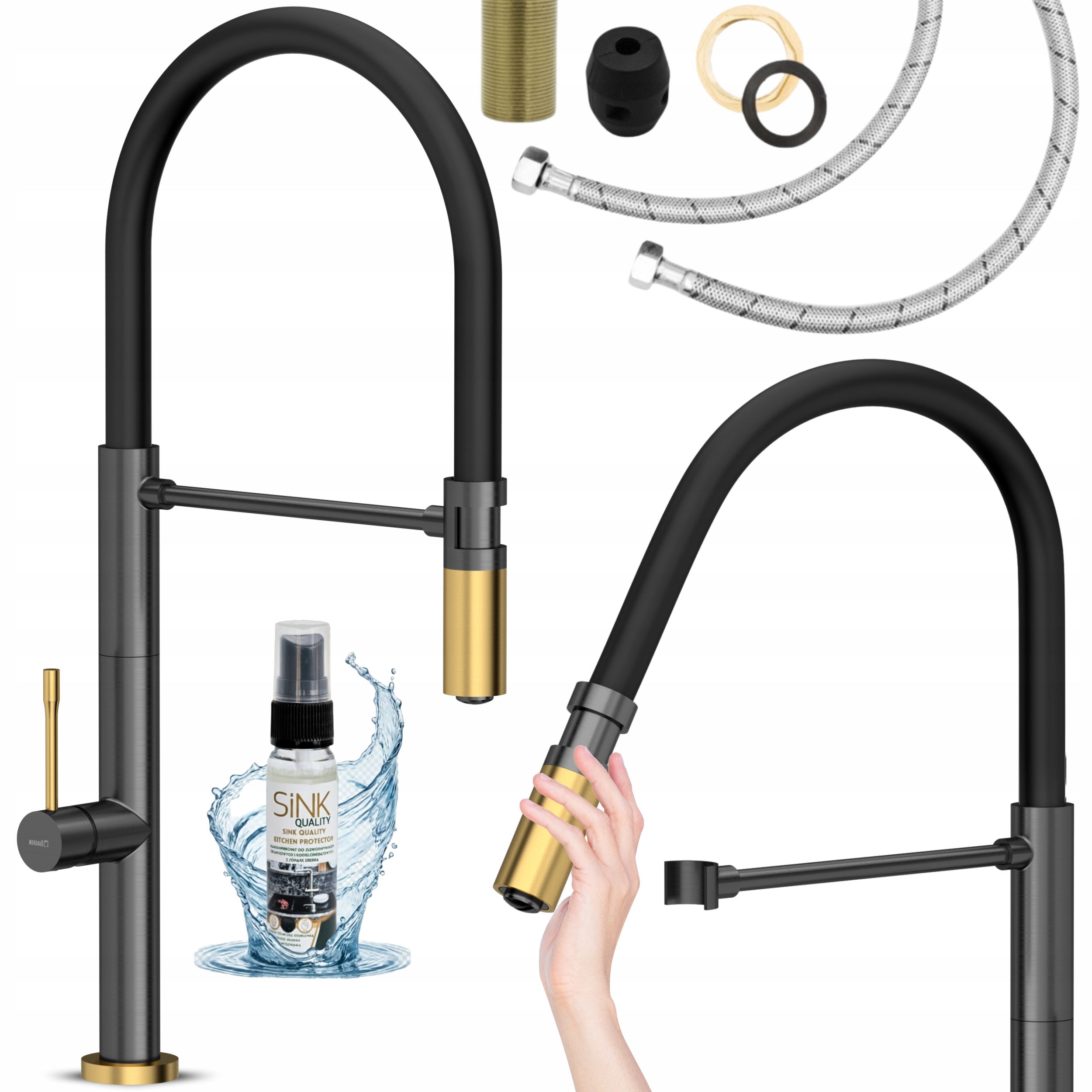 Kuchynská batéria s pružným zlatým výtokom pre kuchynský drez