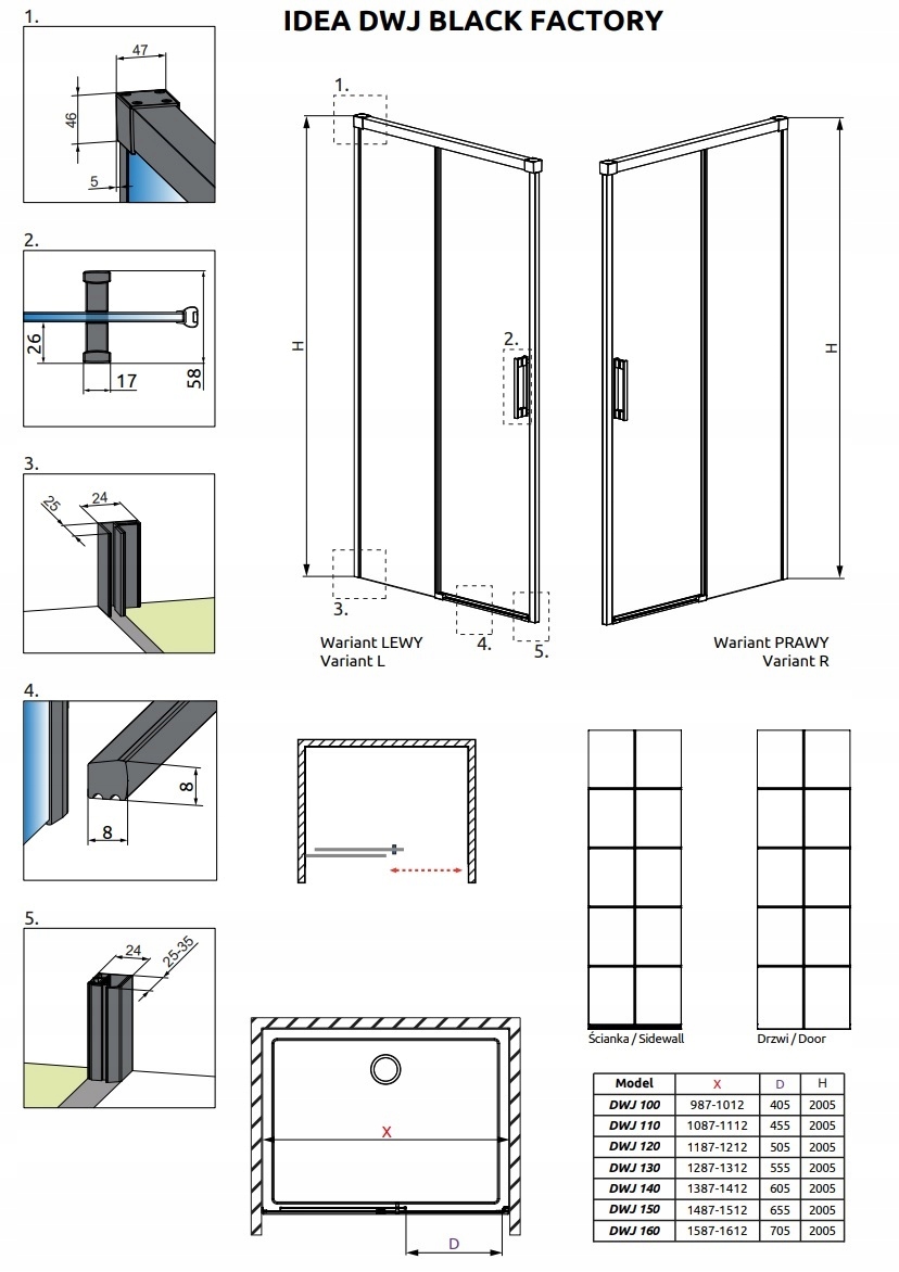 Drzwi Idea Black DWJ Factory 120x200,5 RADAWAY R Wysokość produktu 200.5 cm
