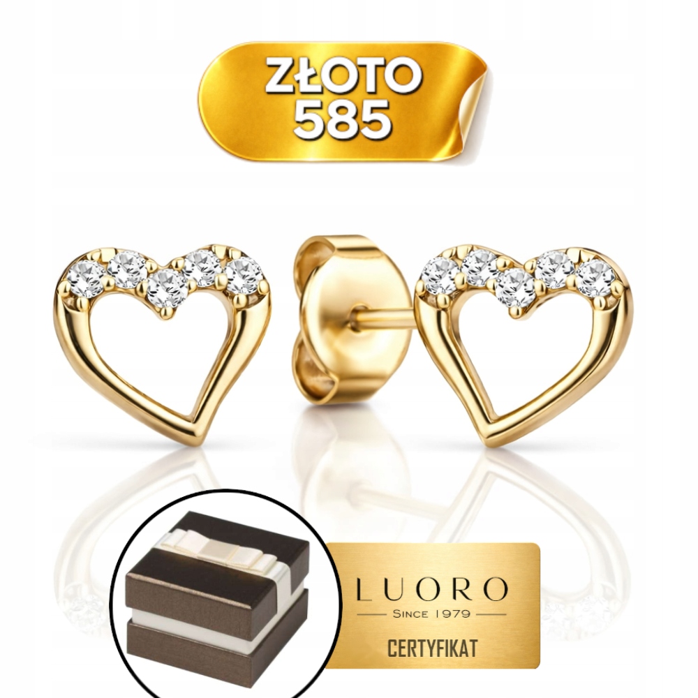 Náušnice Zlaté 585 14K Srdce Se Zirkonem Tyčinka Elegantní 8,3 MM