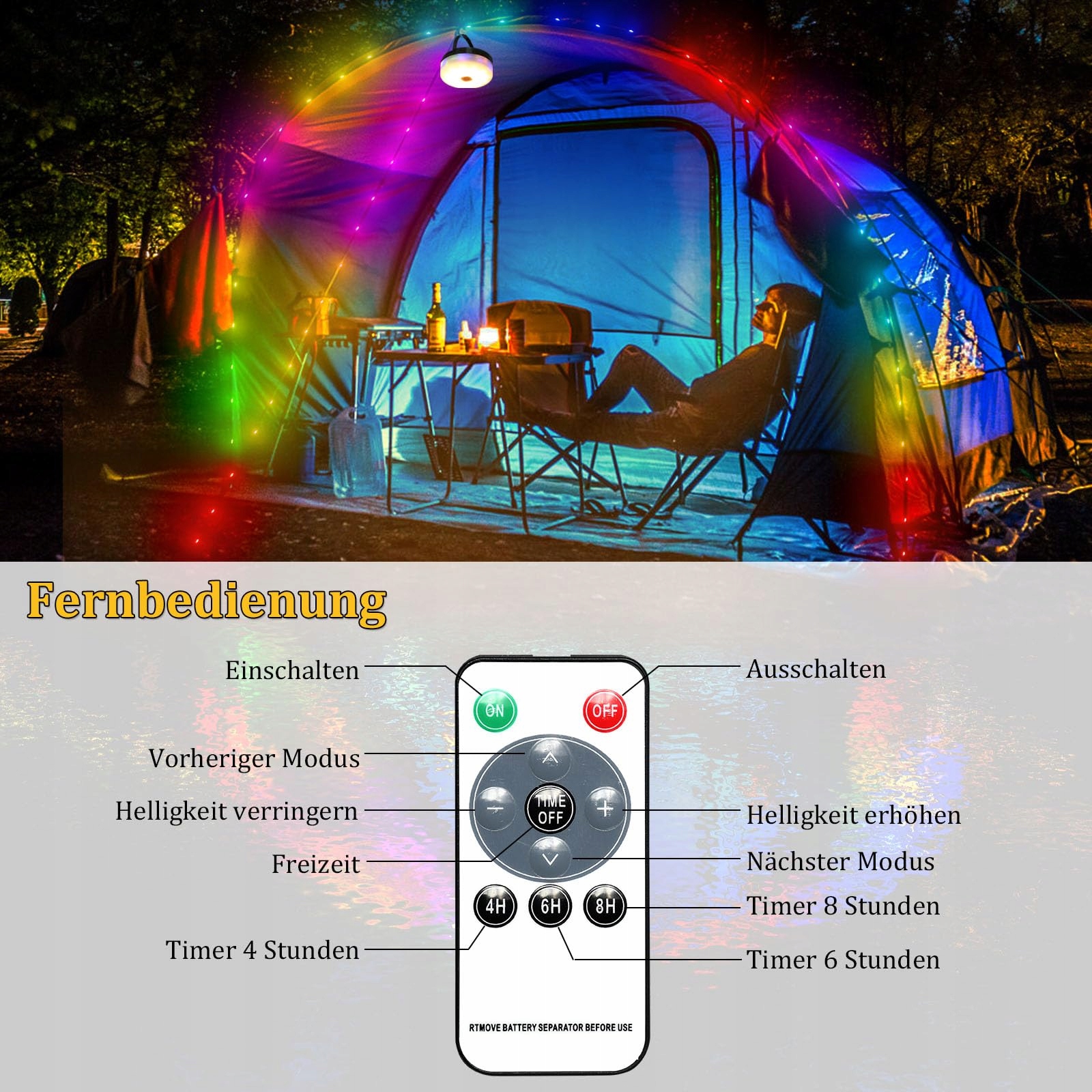 SOLAR CAMPING LAMPY LED ZASILANE USB WODOODPORNE 10M 8 TRYBÓW — miniatura 6