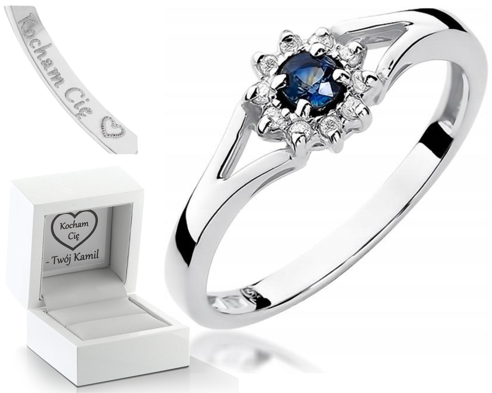 Prstýnek Safír Brilianty Bílé Zlato 585 Gravírování