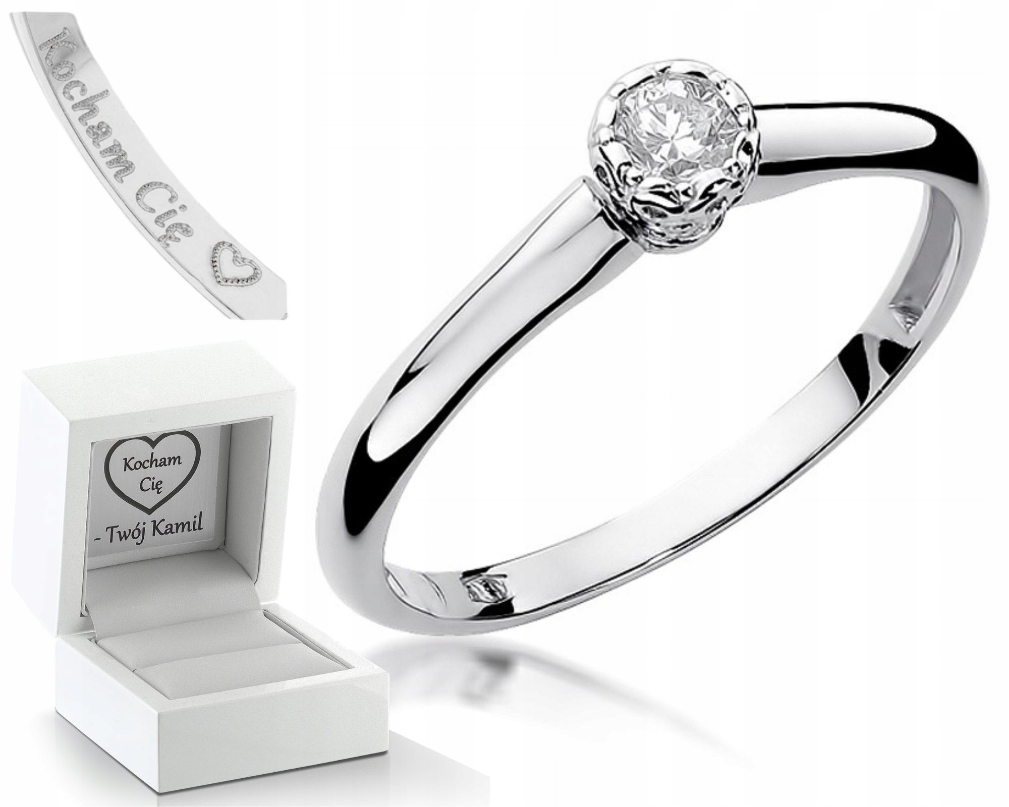 Prstýnek S Diamantem Bílé Zlato Gravírování Bonus Zásnubní Dárek