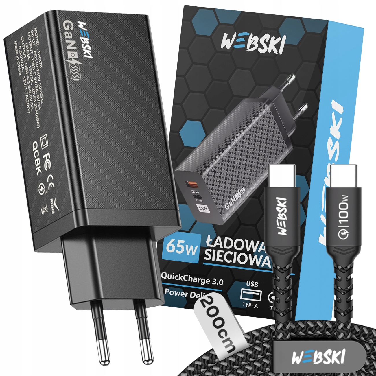

Ładowarka Usb C 65W 20V QuickCharge Pd +kabel 100W