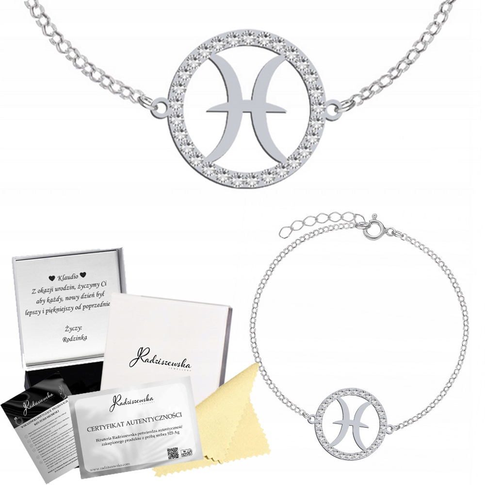 Stříbrný Náramek Se Znamením Zvěrokruhu Ryby Krystaly Narozeniny Přání 925