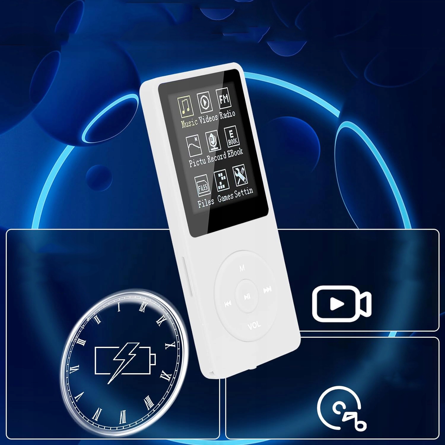 MP3 PLAYER BLUETOOTHWALKMAN PLAYER 16GB RADIO SPORT AUDIOBOOK + HEADPHONES Wysokość produktu 9 cm