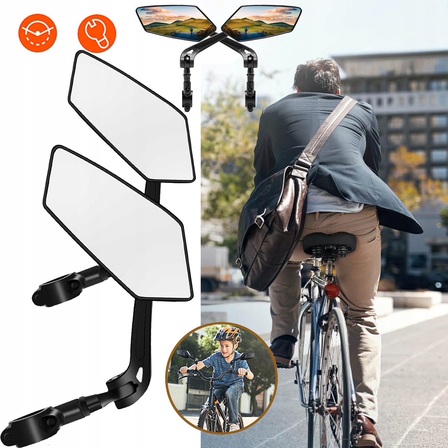2-CZĘŚCIOWE WYSOKIEJ JAKOŚCI LUSTERKO ROWEROWE, 2 SZTUKI, OBRACANE O 360°