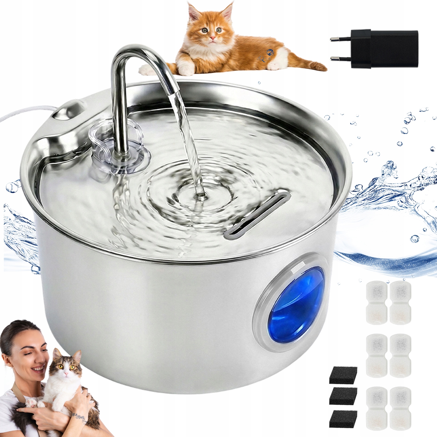 Automatická Fontána Pro Kočky 2.6 L Nerezová Ocel 4 Filtry Tichá