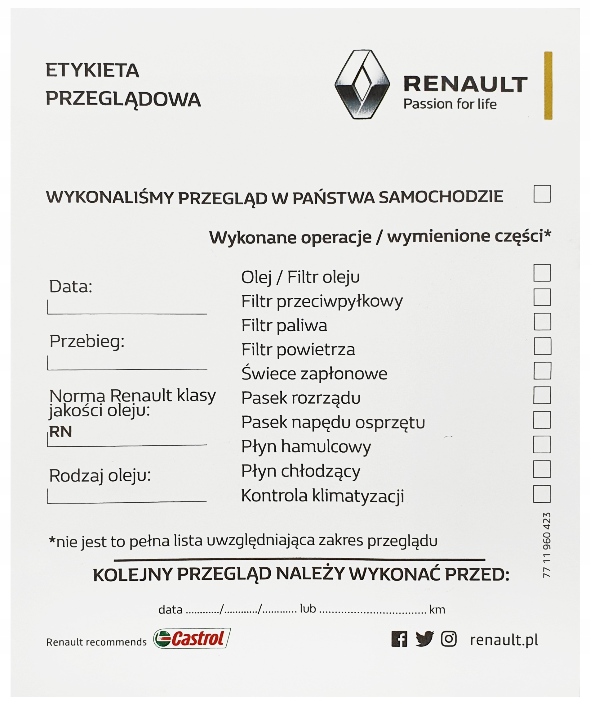 ZAWIESZKA WYMIANY OLEJU OLEJ SERWISOWA RENAULT ORG