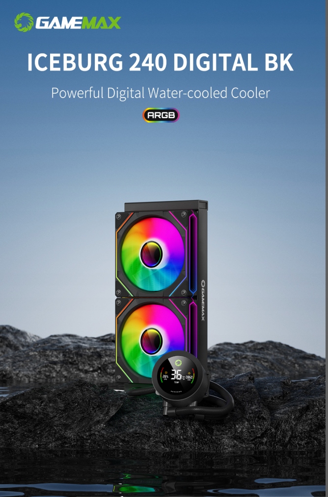 Vodné chladenie Cpu 240mm Argb, čierne, GameMax IceBurg 240V Digital Bk