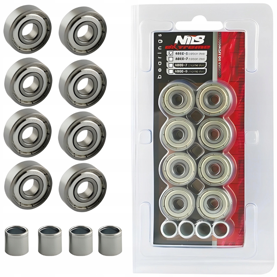 NILS Komplet 8x Łożyska Do Kółek ABEC-5 Carbon Z Tulejkami Dystansowymi Stan opakowania oryginalne