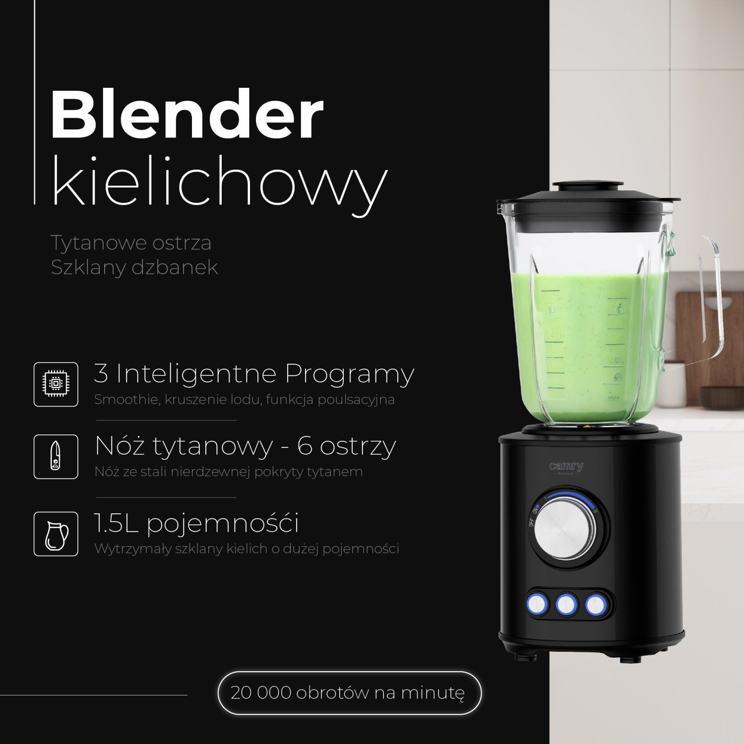 Blender CR 4088 - Tytanowe Ostrza, Szklany Dzb. 1,5l, 1800W
