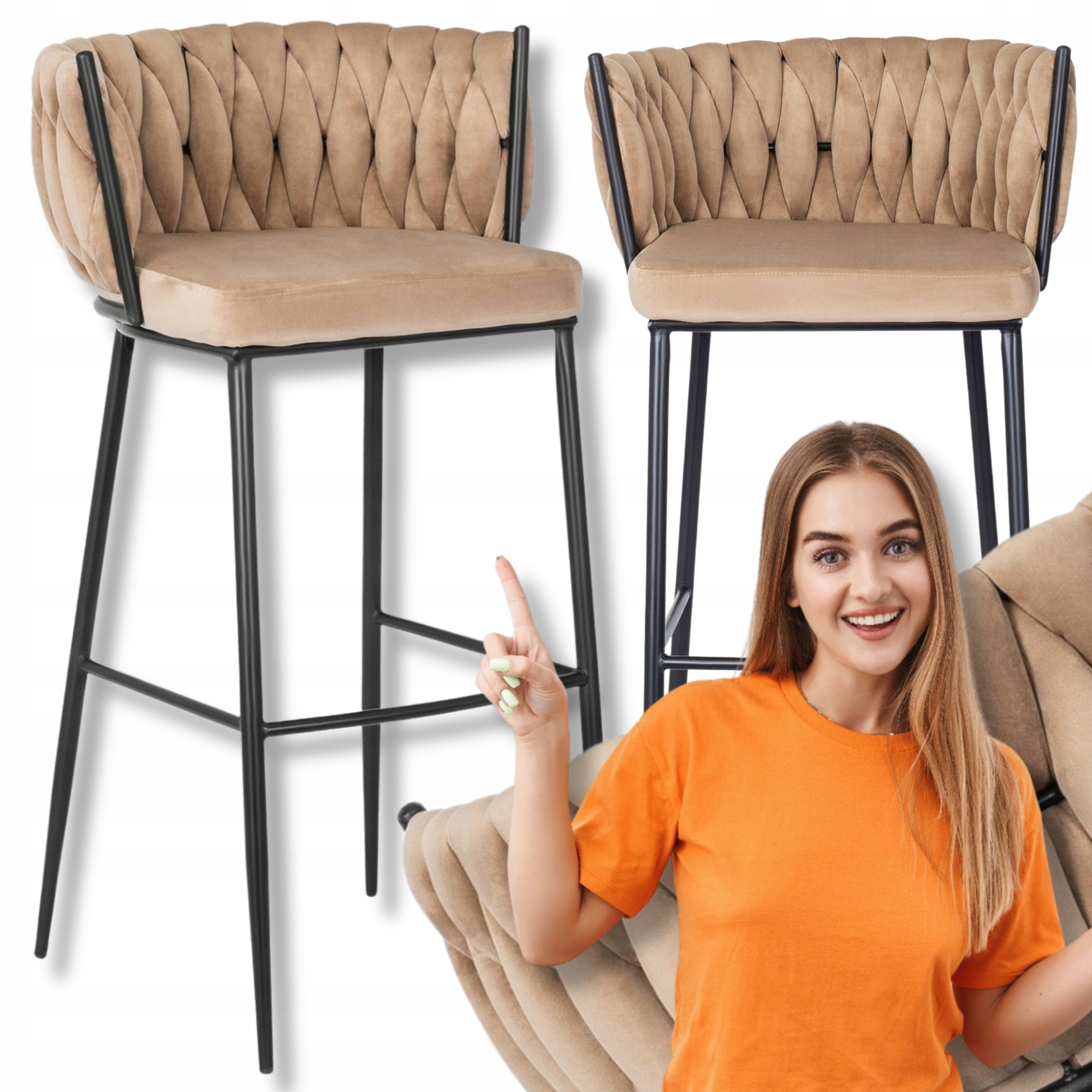 Barová židle Béžová Velurová Barová Židle s opěradlem Loft Flores