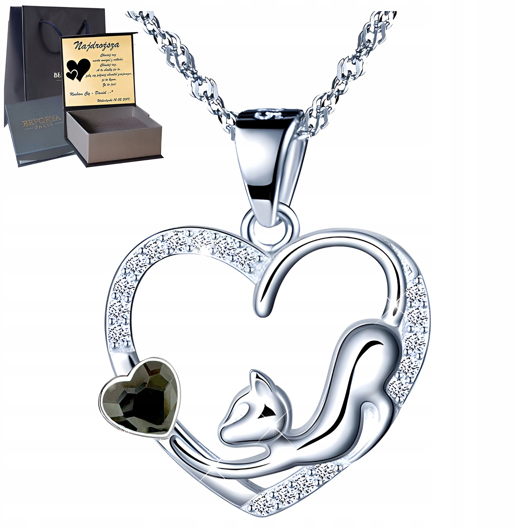Stříbrný Náhrdelník Stříbro 925 Přívěsek s Řetízkem Srdce se Zirkony Kočka
