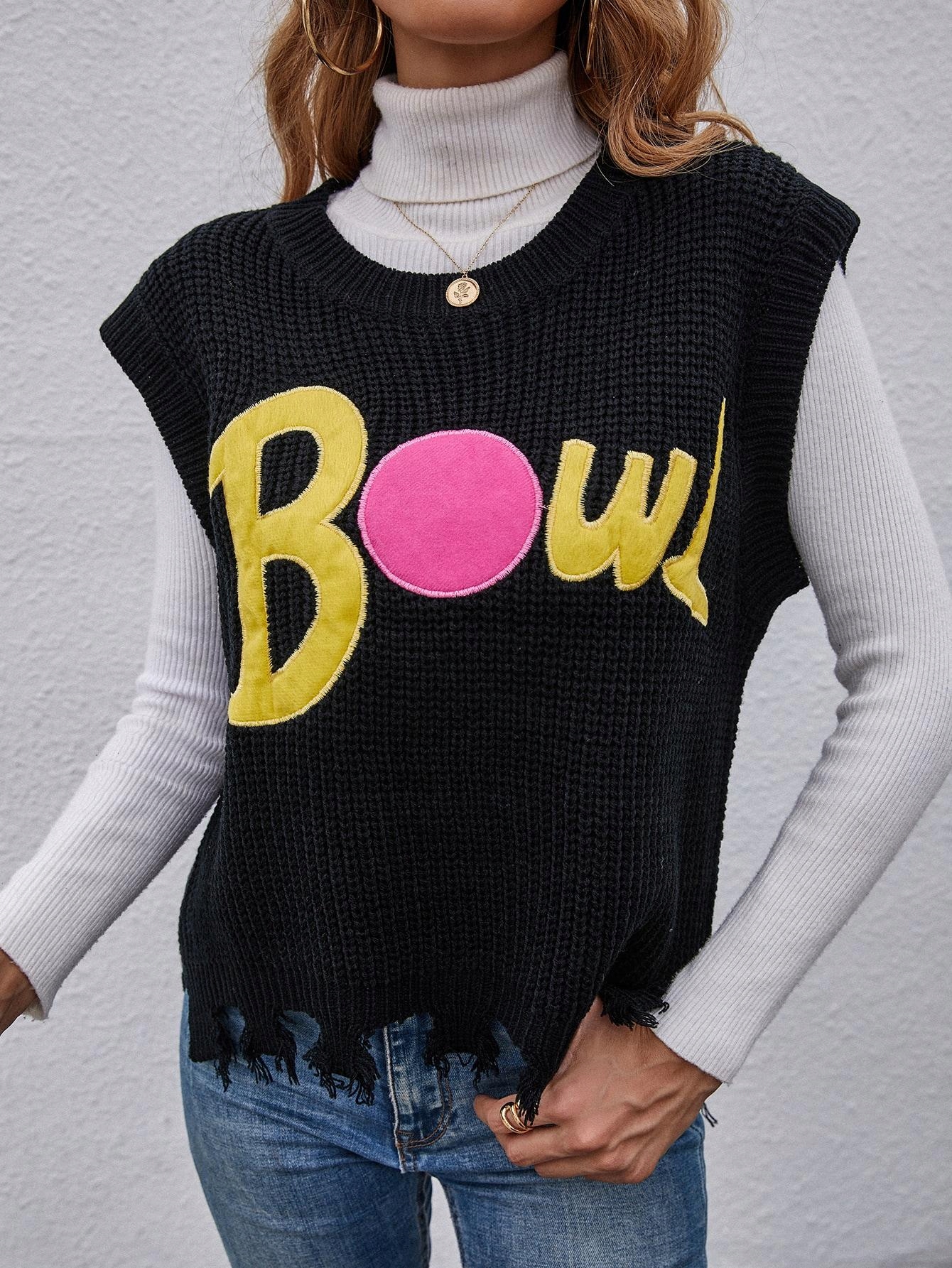 T25113 *SHEIN SWETERKOWA KAMIZELKA POSZARAPNA NAPIS S