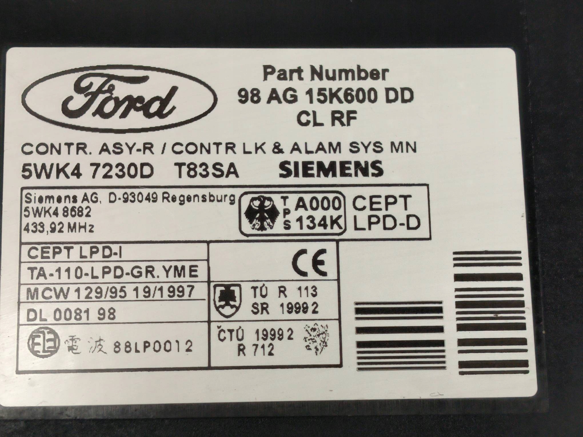 Module 98AG15K600DD FORD FOCUS MK1
