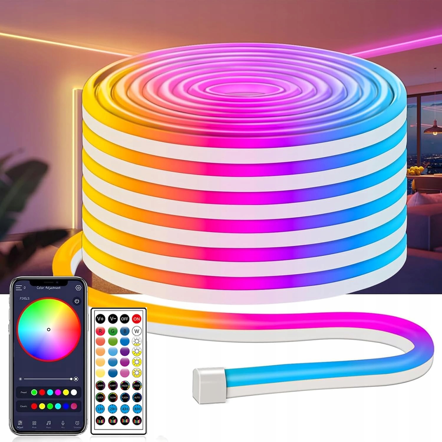 Taśma Led 20M Neon Rgb 1200LED Bluetooth Aplikacja Pilot Zestaw IP65