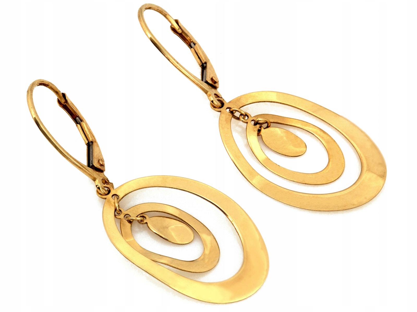 Náušnice zlaté 585 závěsné oválné pohyblivé ovály, plechy vyřezané jako dárek