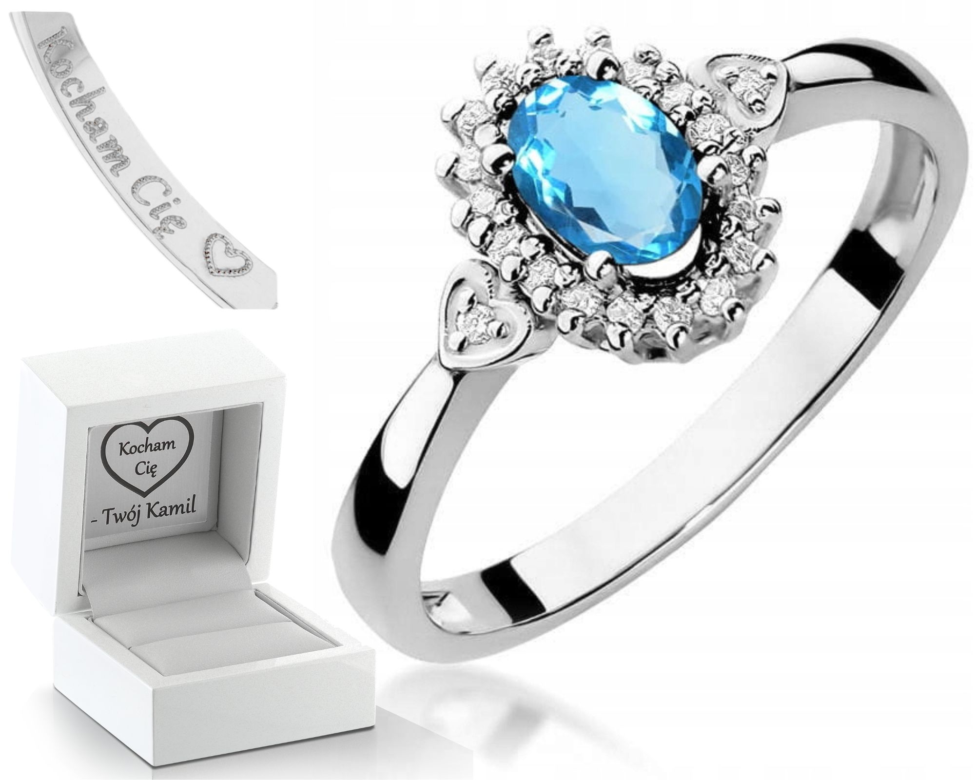 Bílé Zlato Prstýnek Pro Zásnuby Topaz A Diamanty Gravírování 585 Dárek