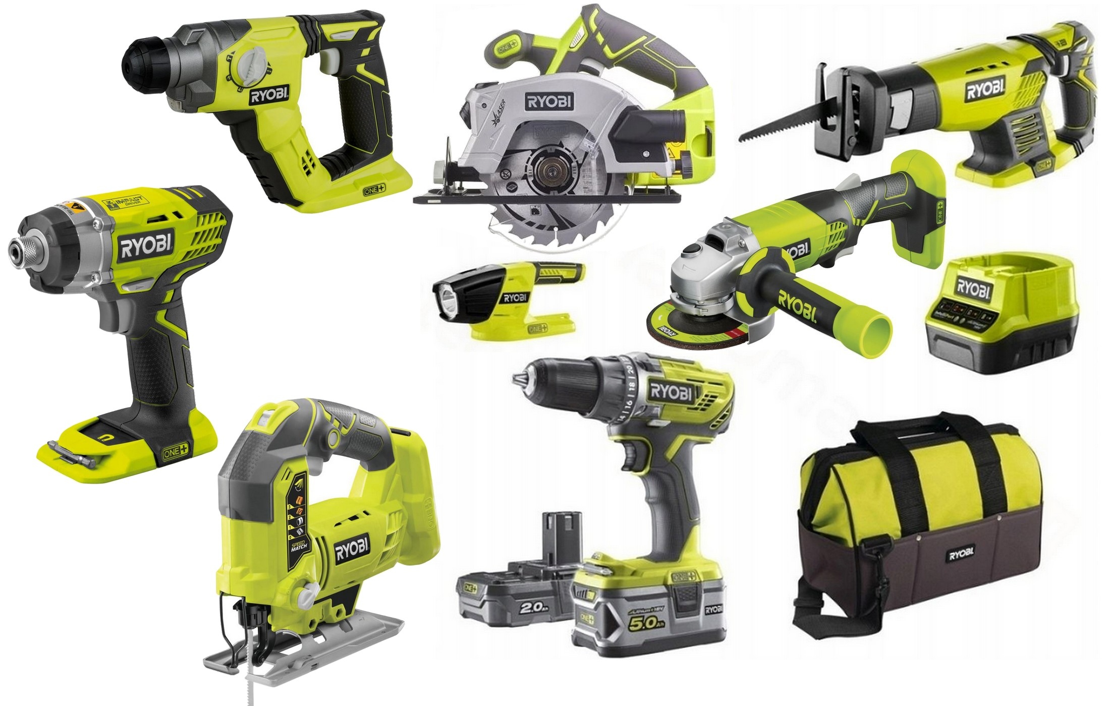 

Ryobi Zestaw Combo 8 Narzędzi Wkrętarka Torba 5Ah