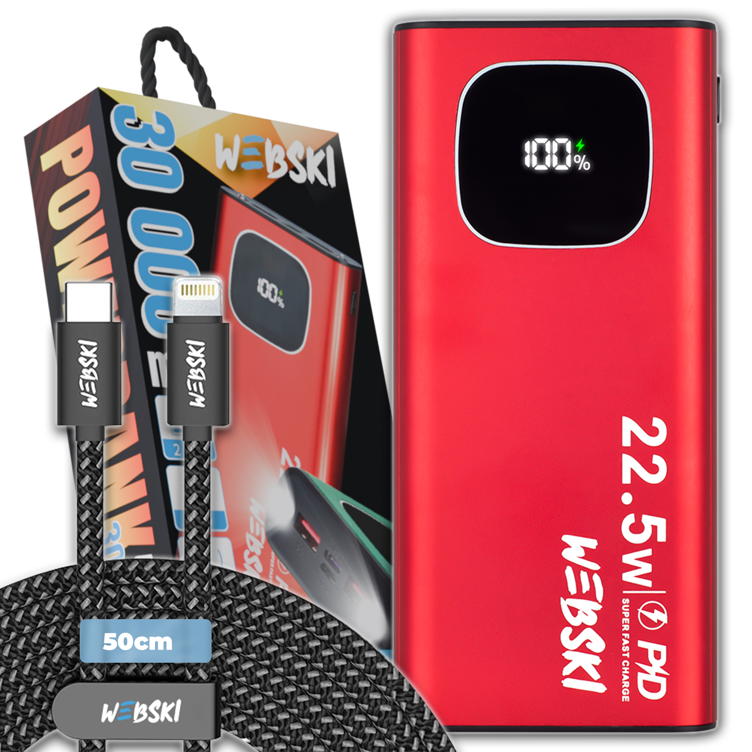 Powerbank 30 000 mAh 2X Usb Usb-c Rychlé Nabíjení Pd Kabel Lightning 50 CM 0,5 M