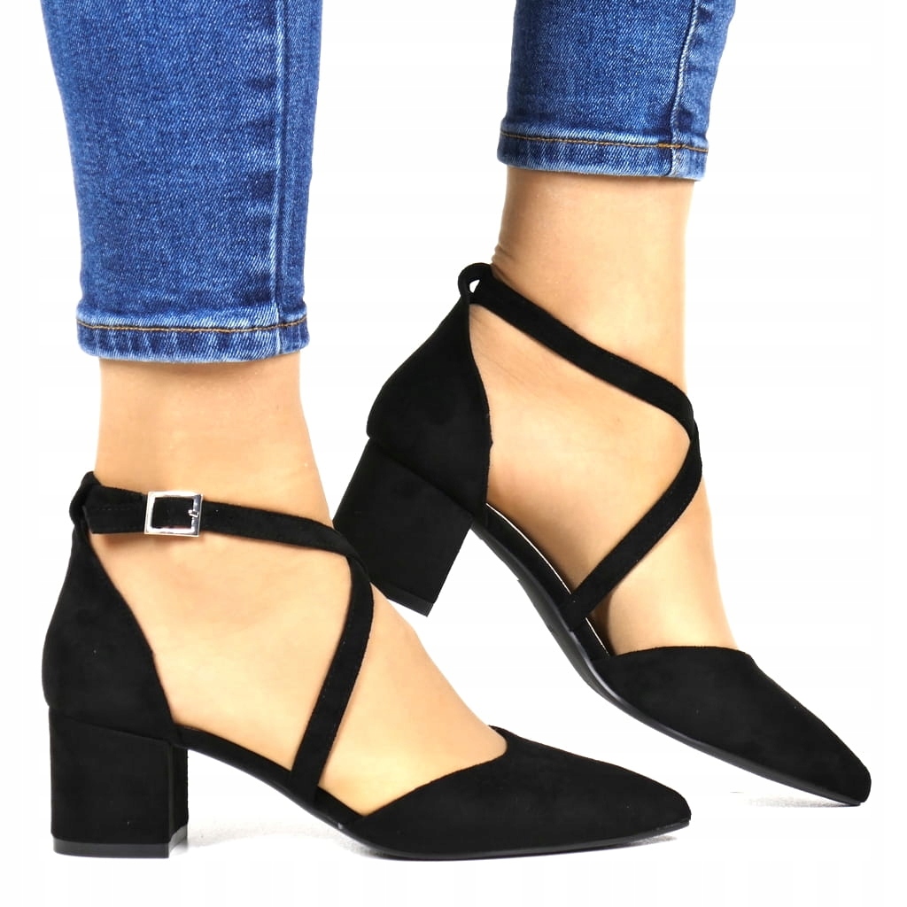 Černé Semišové Lodičky Na Kotníku Pohodlné Zapínání Stélka Kůže Boty 40