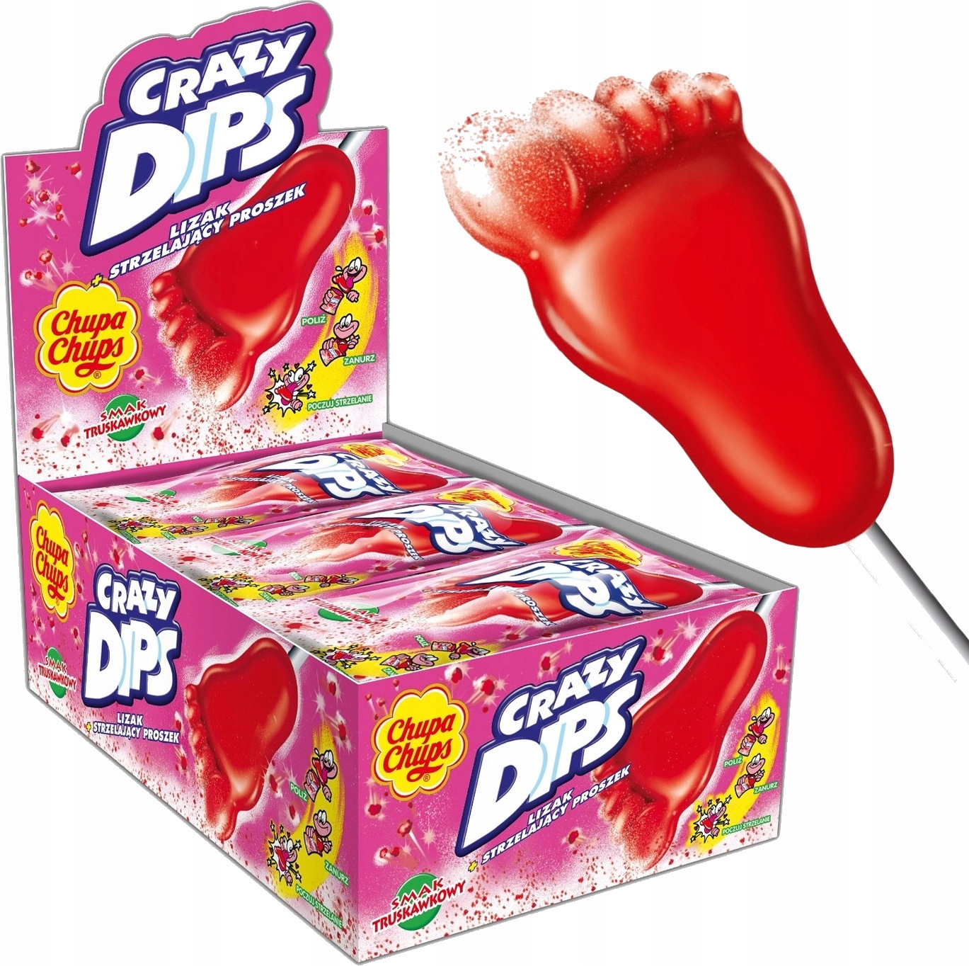 Chupa Chups Crazy Dips Lízátko Příchuť Jahoda Střílející prášek 14g 24ks