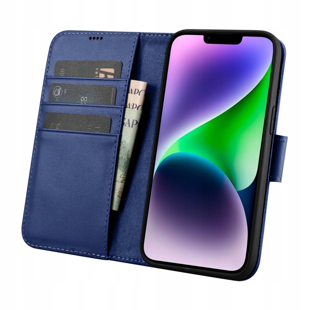 2w1 etui skórzany pokrowiec z klapką iPhone 14 Anti-RFID Wallet Case niebie