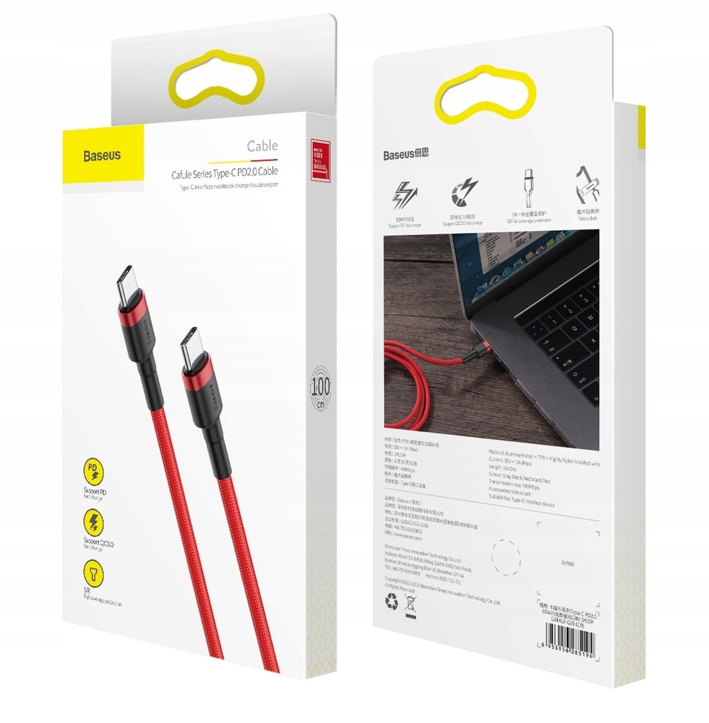 BASEUS MOCNY KABEL USB-C SZYBKIE ŁADOWANIE TYP-C TYPE-C PD 60W QC 3.0 1M Konstrukcja oplot