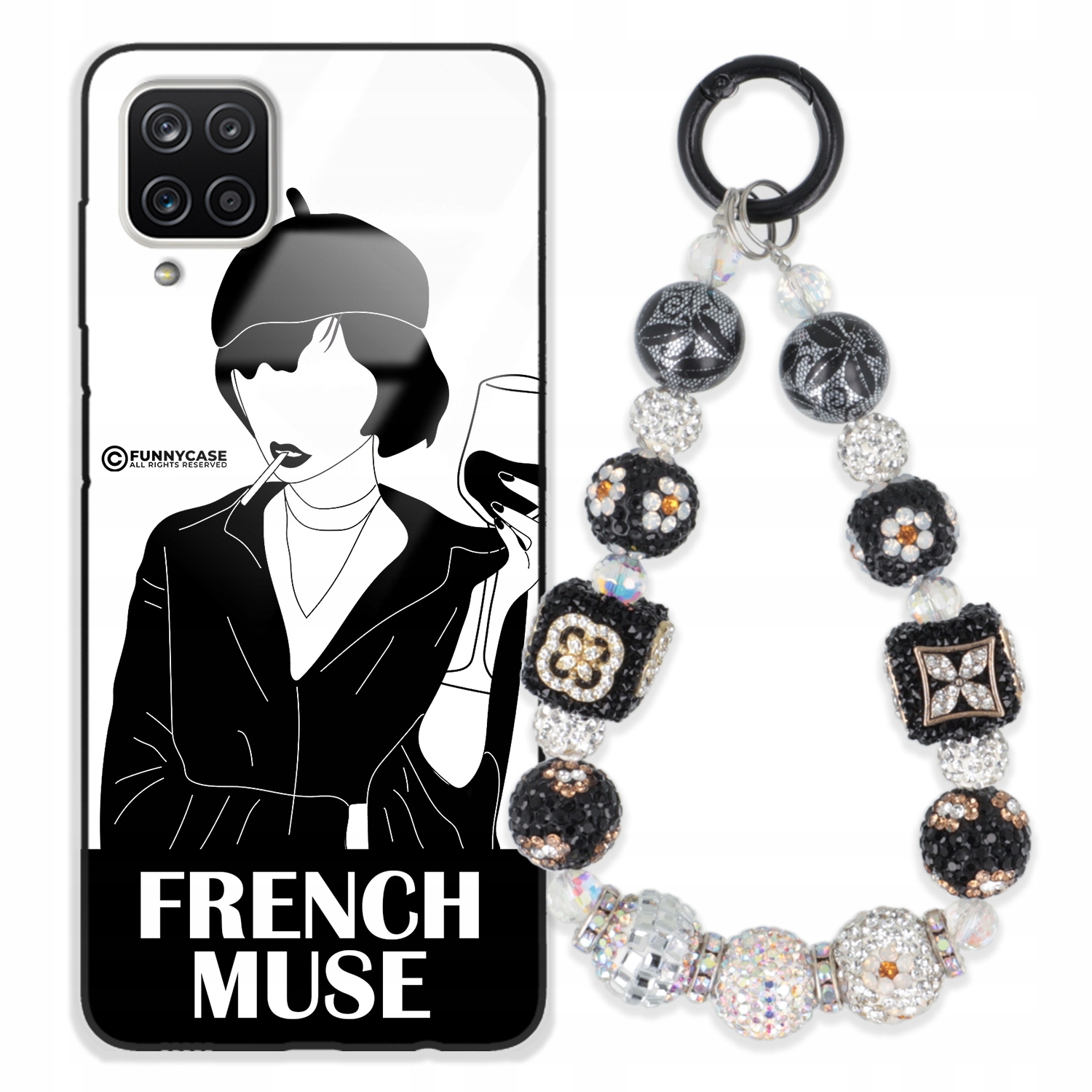 Puzdro Na Samsung A12 5G Sklo Ženské Black&white Kľúčenka Strieborné Zirkóny Wz
