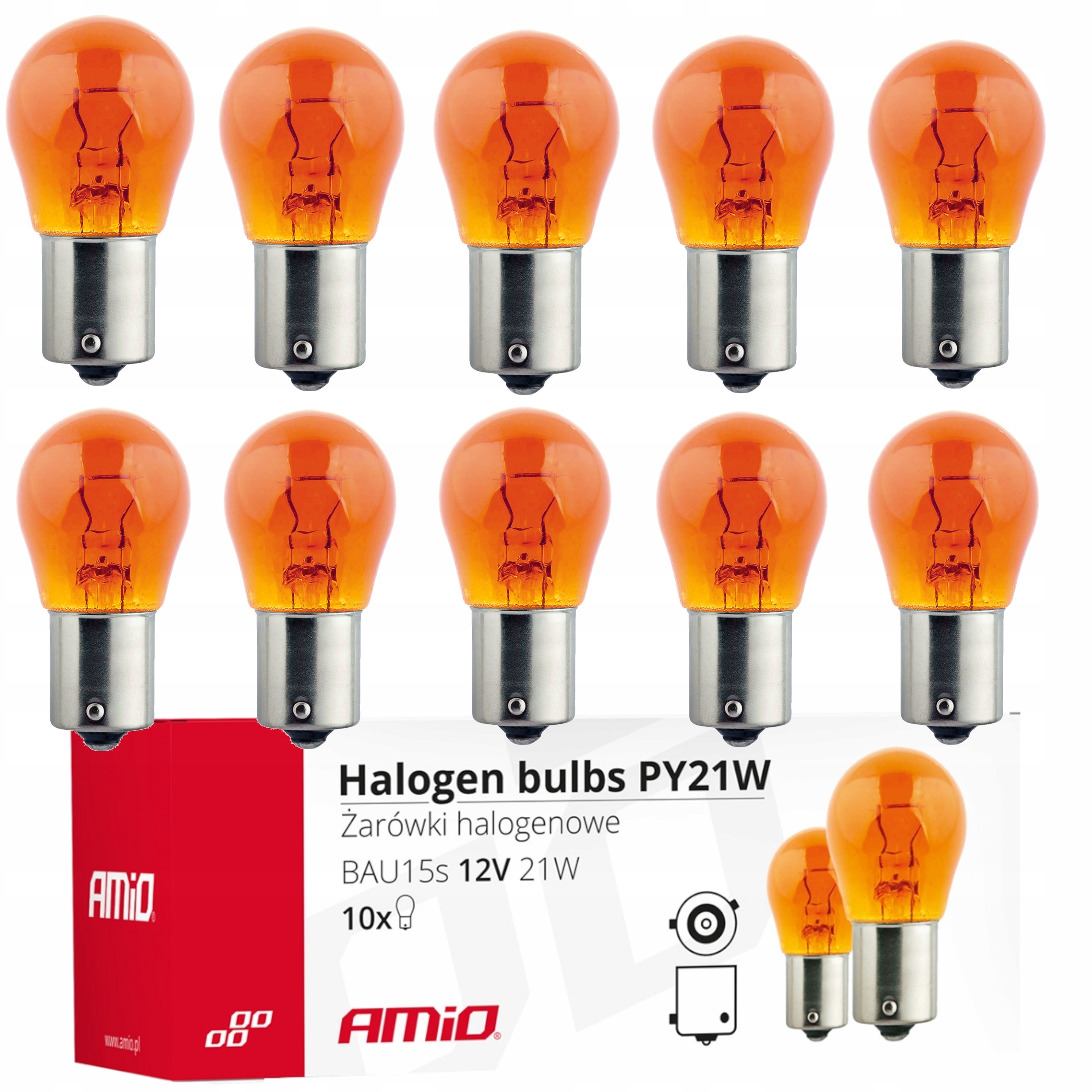 10x Żarówki halogenowe PY21W BAU15s 12V 21W Amber (E8) AMIO-01158