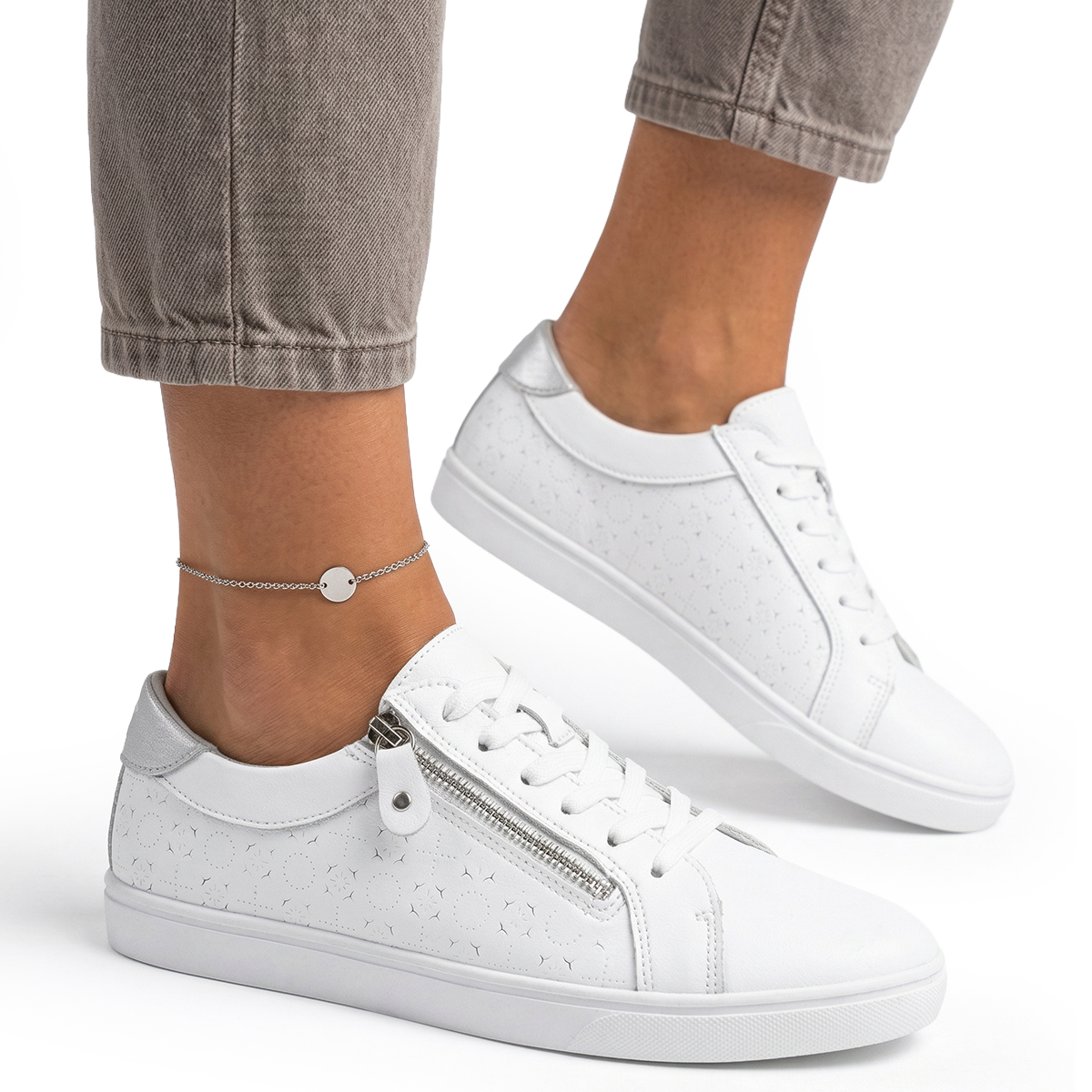 Półbuty sneakersy Skórzane trampki damskie białe zamek Wojtyłko 41