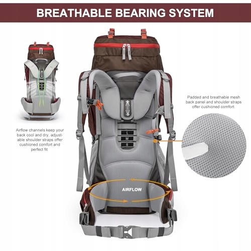 MOUNTAINTOP Plecak Trekkingowy 70L Wewnętrzny Stelaż Camping Czerwony — miniatura 5