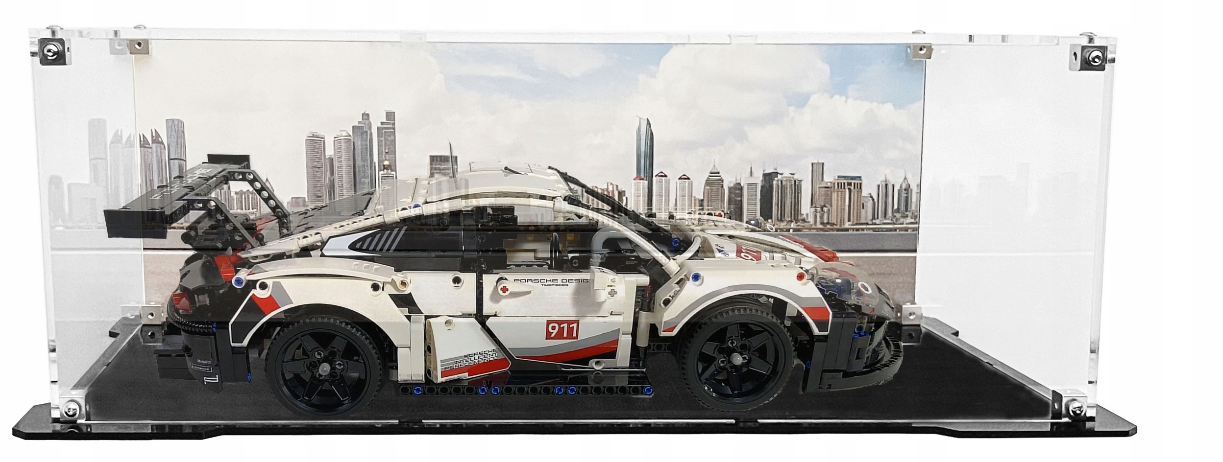 Vitrína s černou základnou a pozadím pro sadu Lego 42096 Technic Porsche 911