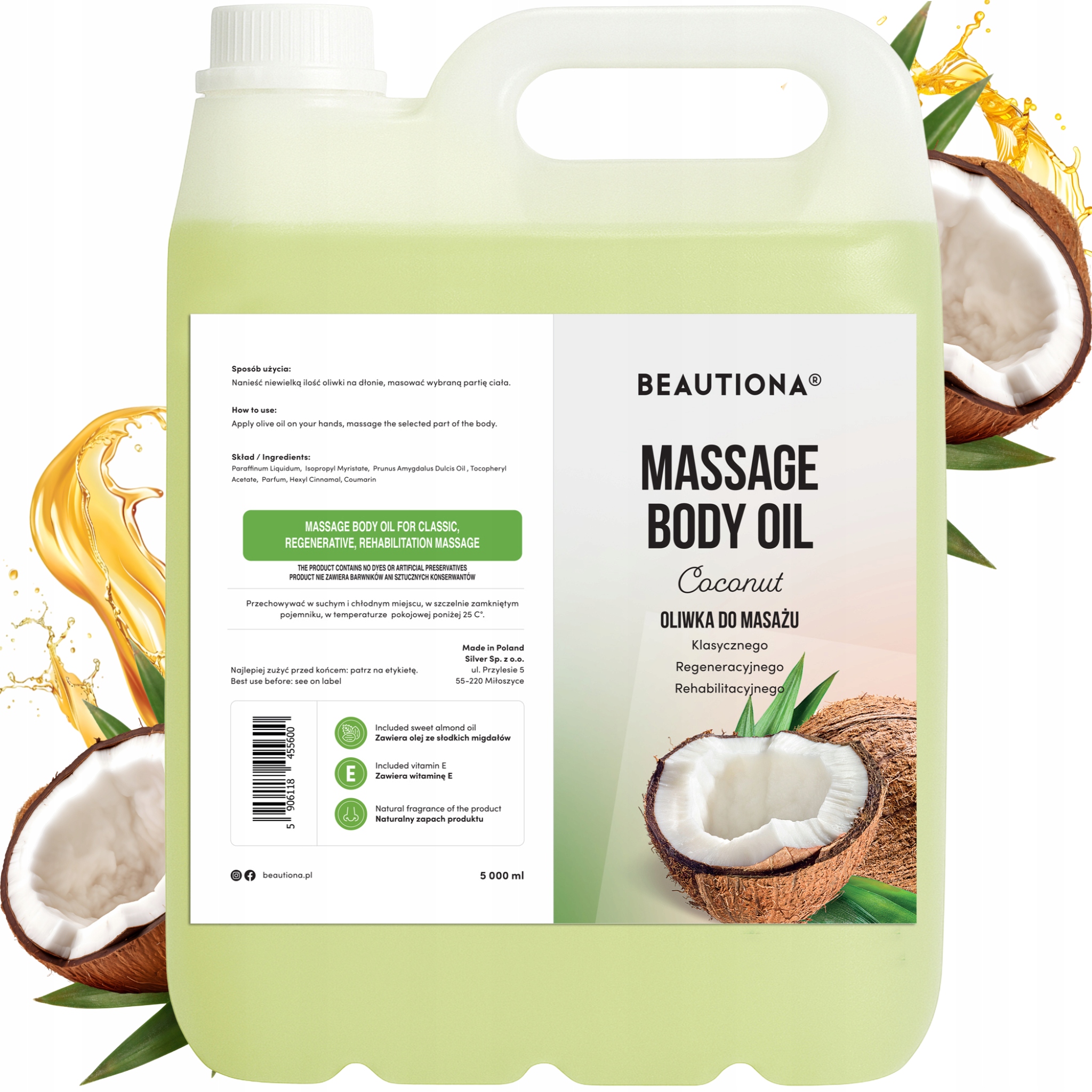 Olivový Olej Na Masáž Těla Obličeje Kokos, Hydratační, Relaxační, Velký, 5 L