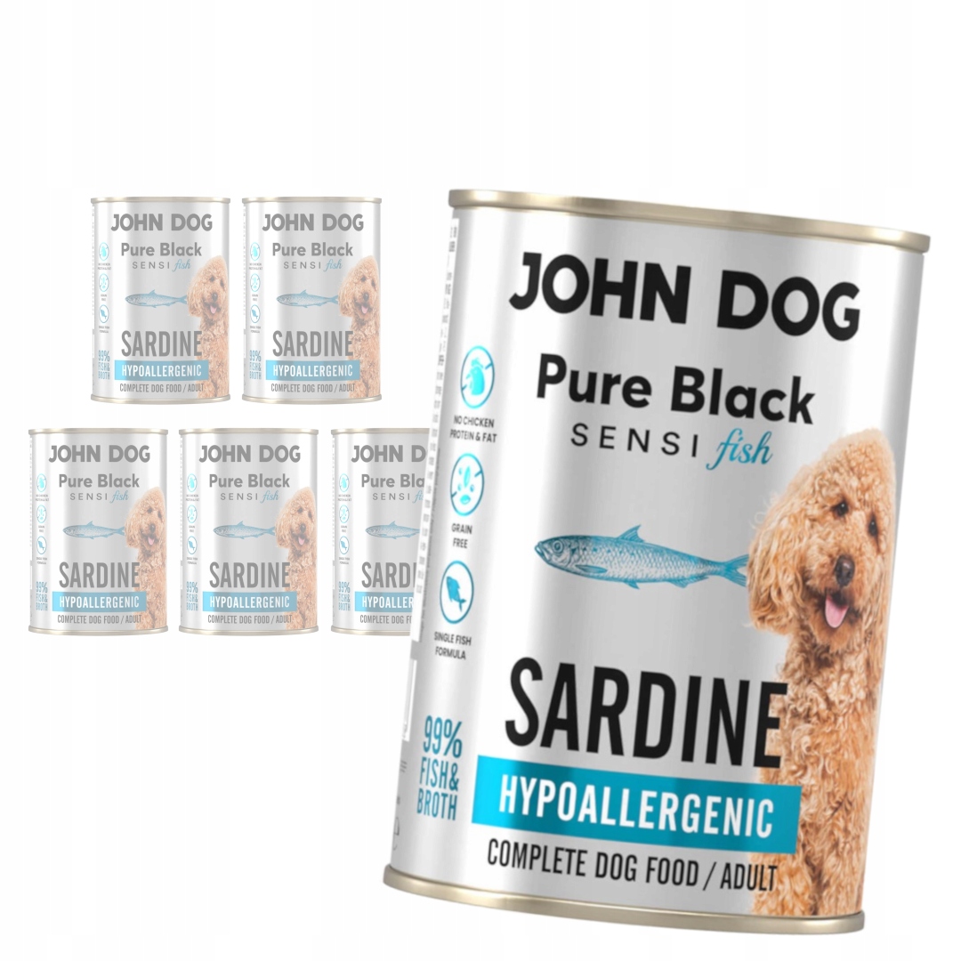 John Dog Pure Black Adult Sensi Fish 6x400g Vlhké Krmivo se sardinkou pro psa