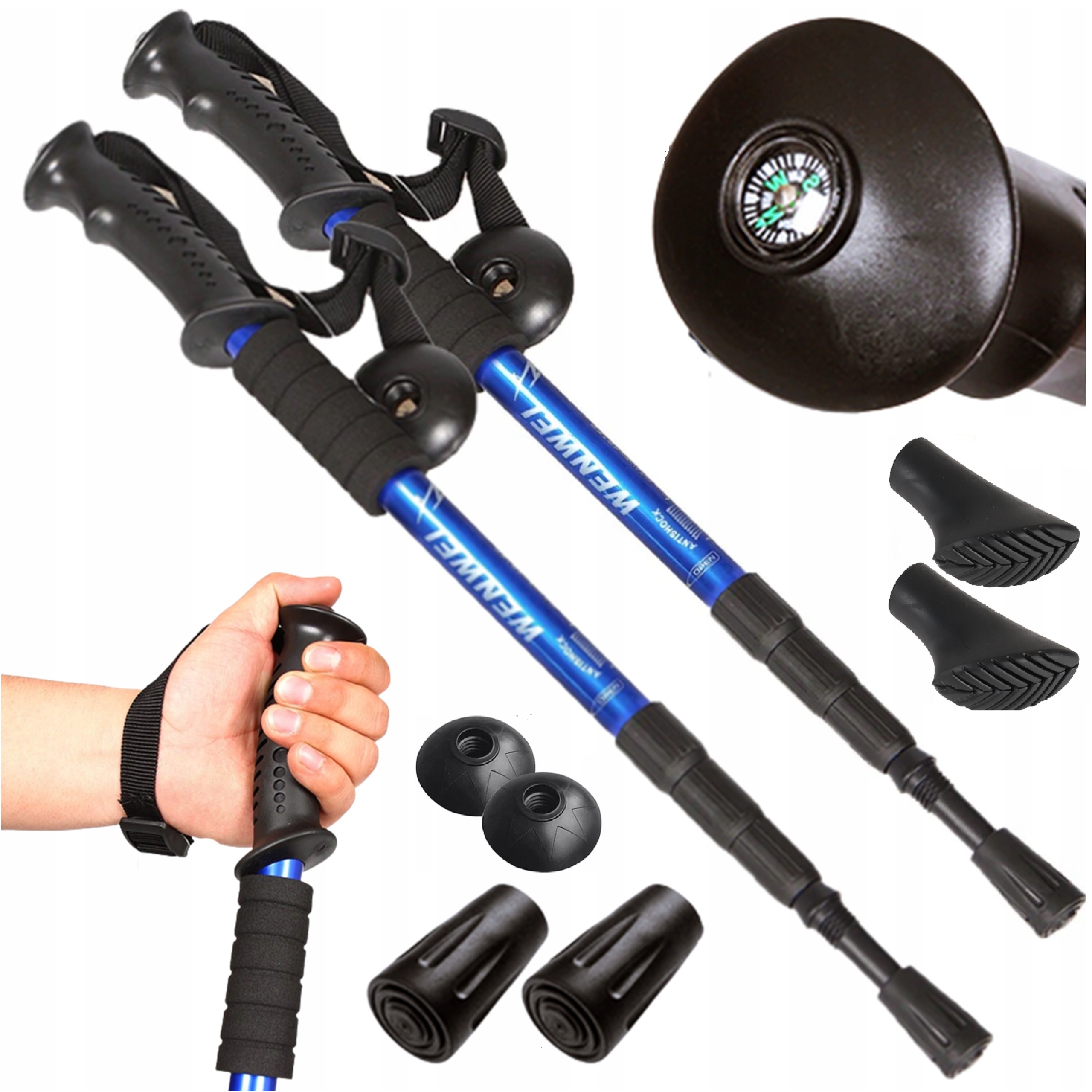 KIJKI DO CHODZENIA NORDIC WALKING KIJE TREKKINGOWE Z KOMPASEM + 3 NAKŁADKI Grot stalowe