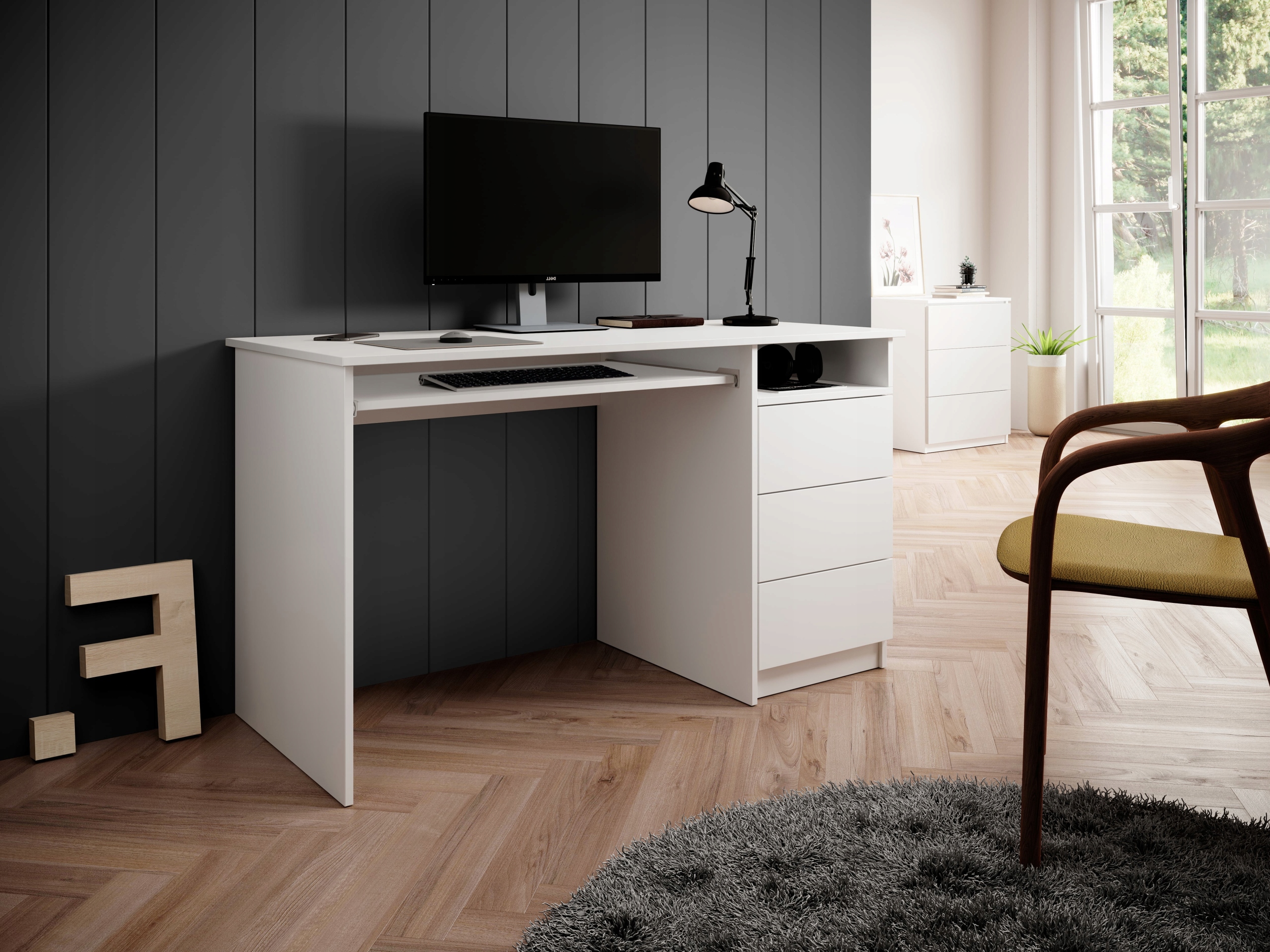 Biurko komputerowe białe 135cm stabilne z szufladami tipon pod laptop Kolekcja CLASSIC