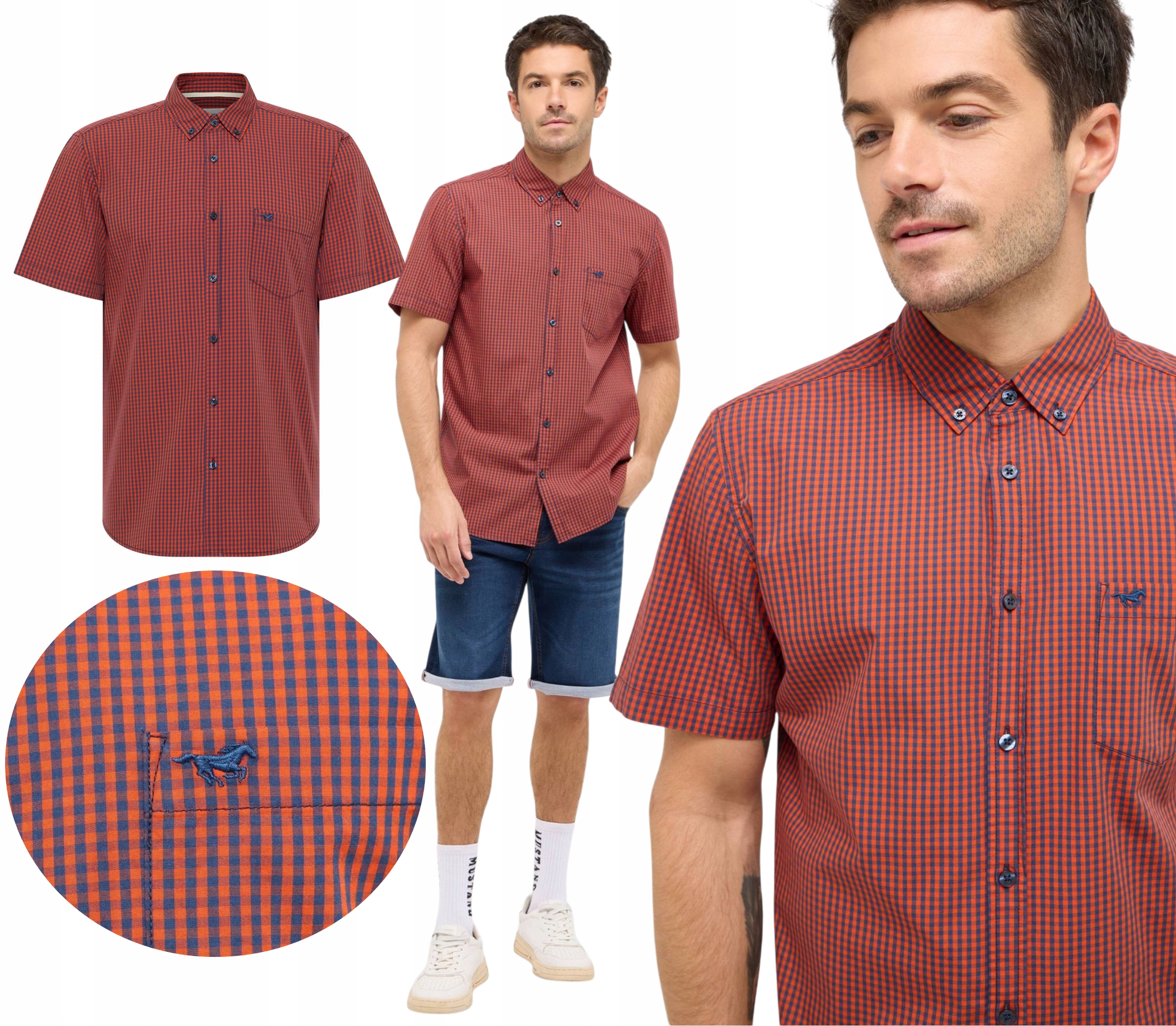 Pánská košile s krátkým rukávem Mustang Mřížka Červená Námořnická Modrá Gilroy vel. L