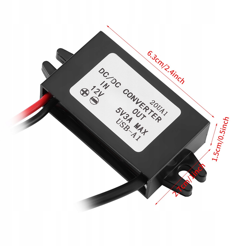 KONWERTER NAPIĘCIA PRZETWORNICA DC12V - DC5V 3A 15W USB BUCK STEP-DOWN Moc użytkowa 15 W