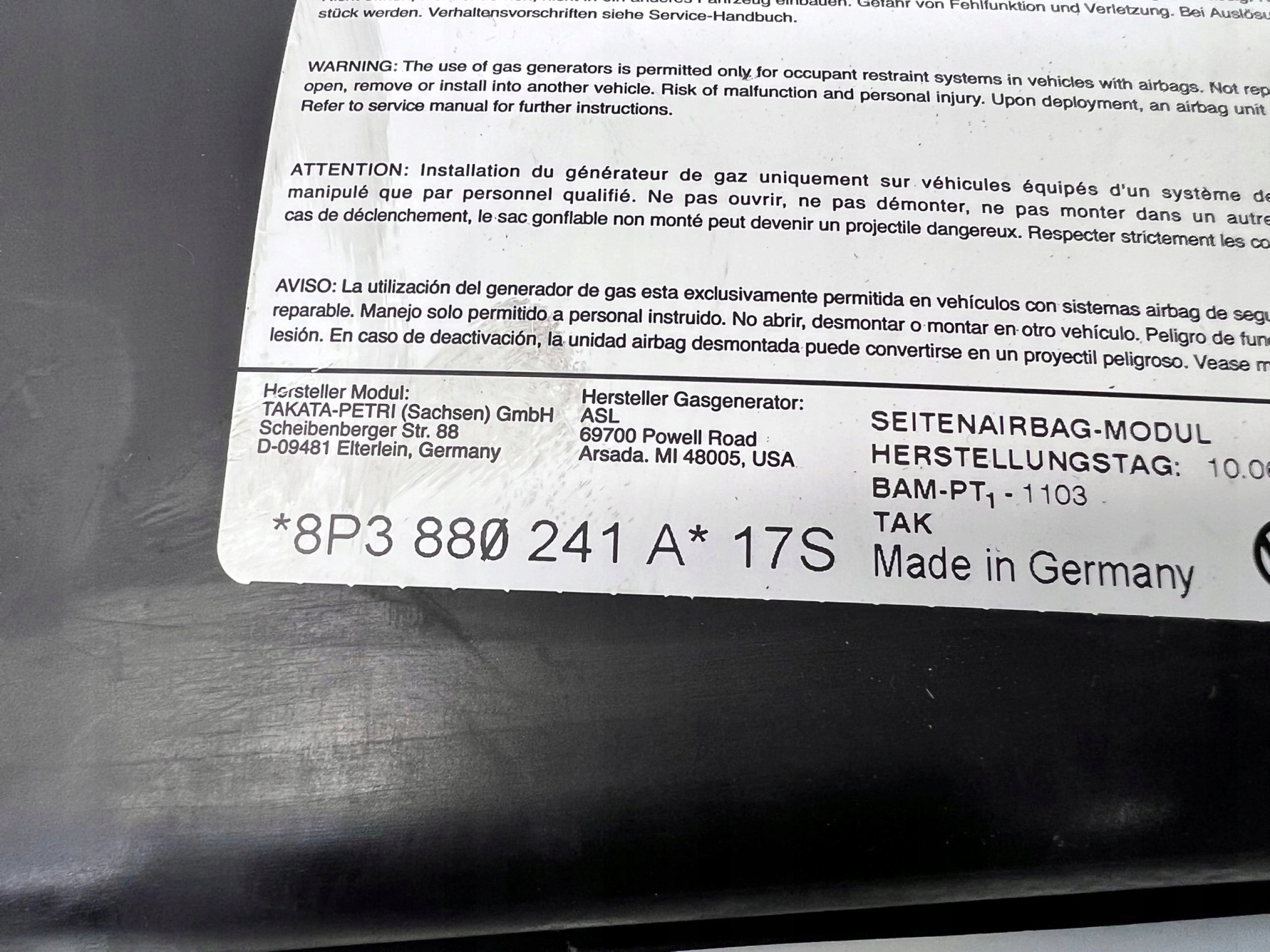 seat airbag left front AUDI A3 8P 8P3880241A