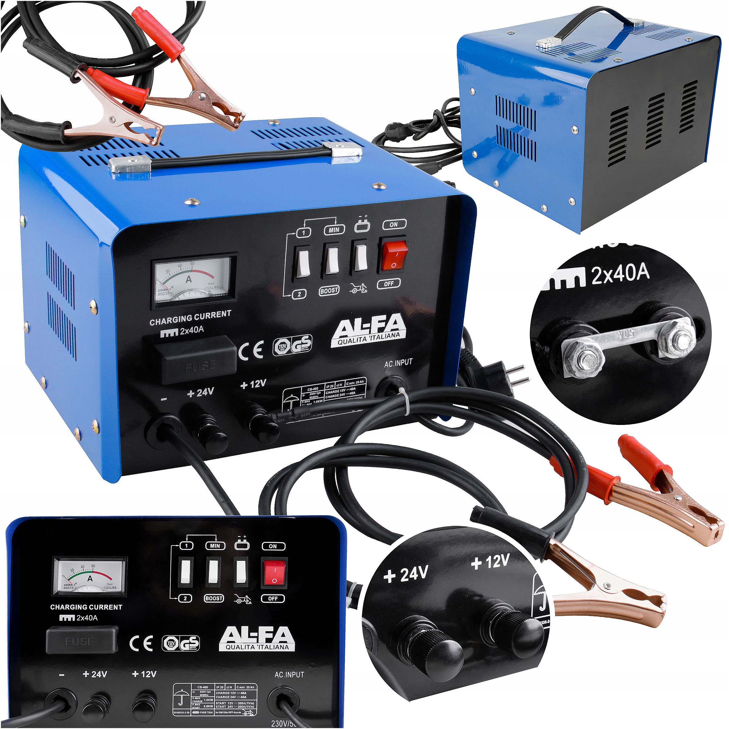 PROSTOWNIK Z ROZRUCHEM SAMOCHODOWY DO ŁADOWANIA AKUMULATORÓW12V/24V ROZRUCH