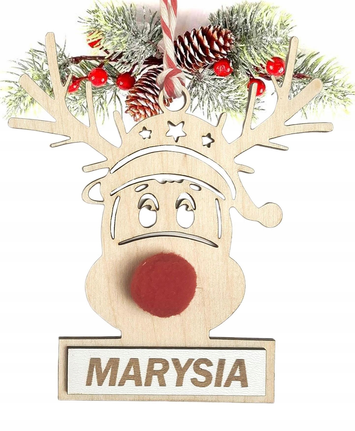 Drewniana bombka z grawerem TW0JE IMIĘ 10x11,5 cm RUDOLF