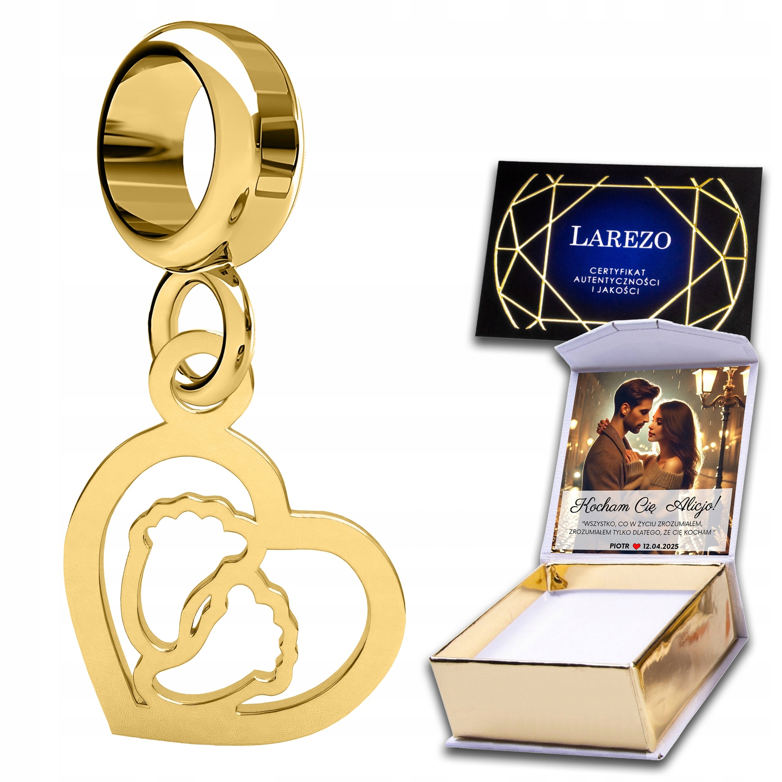 Charms Zlaté závěsné srdíčko pro nohy dítěte Láska nohy Potisk