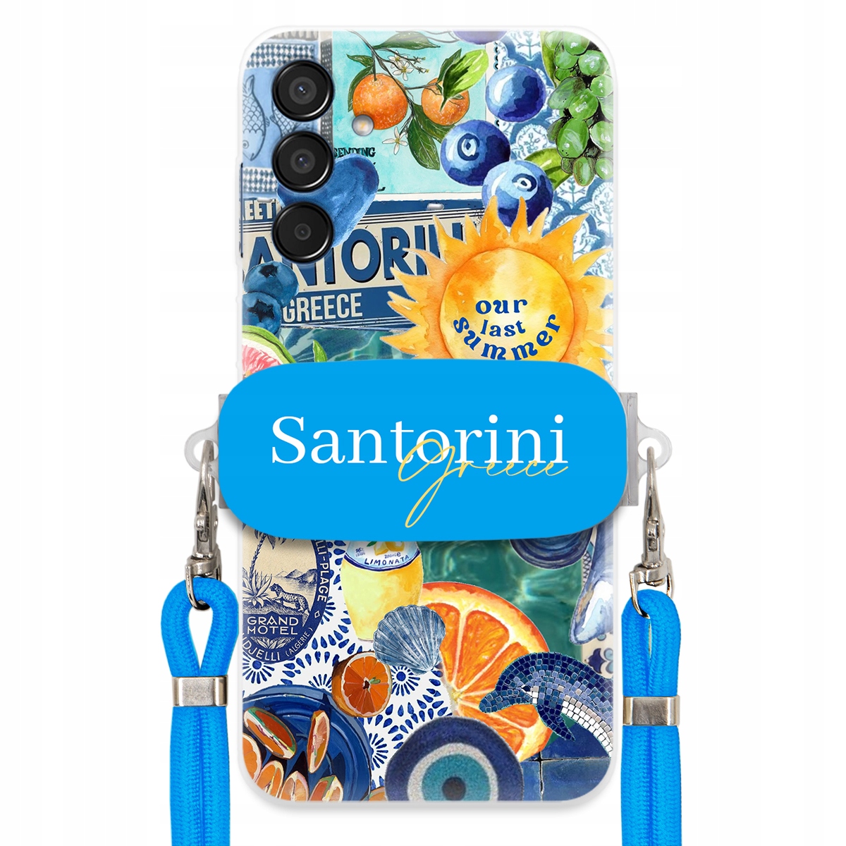 Pouzdro pro Samsung M15 5G Modré Crossbody vodítko držák Santorini Greece