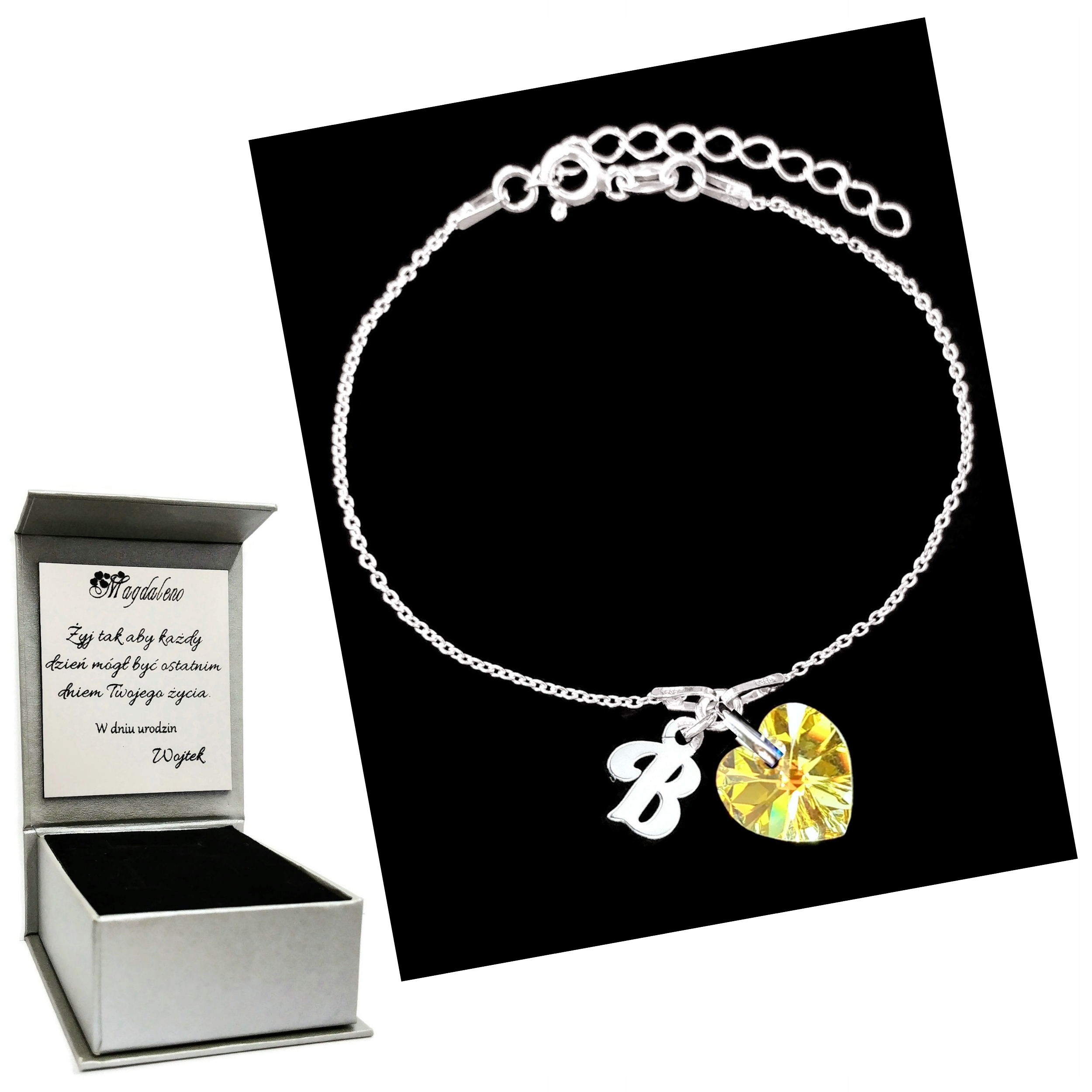 

Bransoletka Litera B Serce Swarovski Grawer Srebro