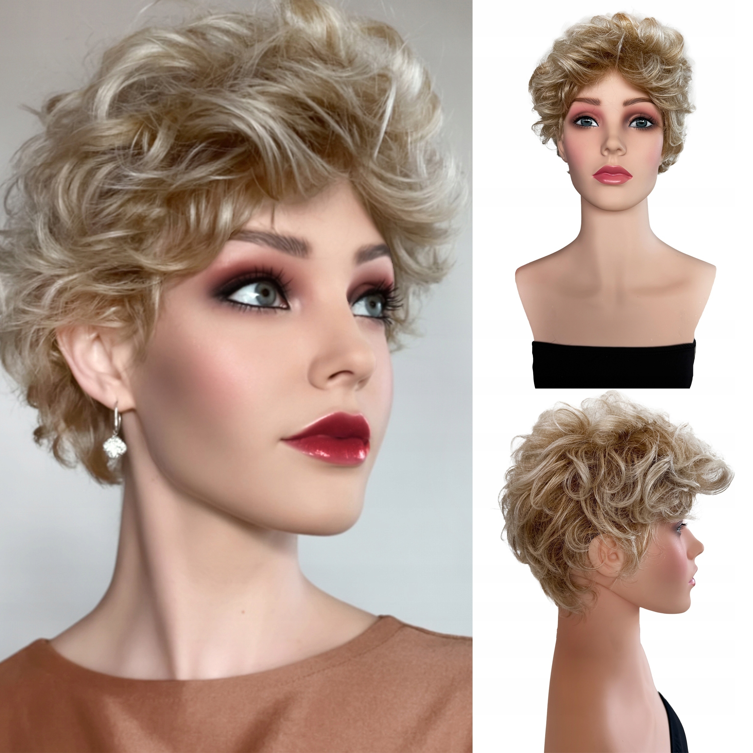 Peruka Syntetyczna Damska Włosy Sztuczne Kręcona Krótka Fryzura Blond