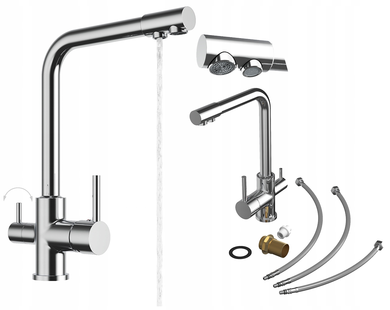 Kuchynská batéria Flow trojcestná, kohútik na filter vody do kuchyne, chróm